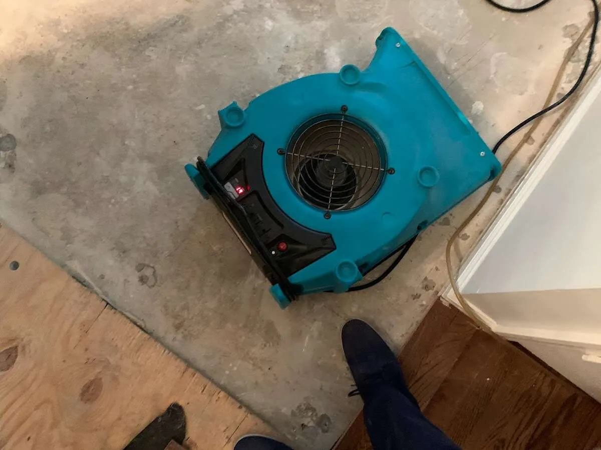 Air mover drying subfloor during Leak Detection & Repair in Diamondhead